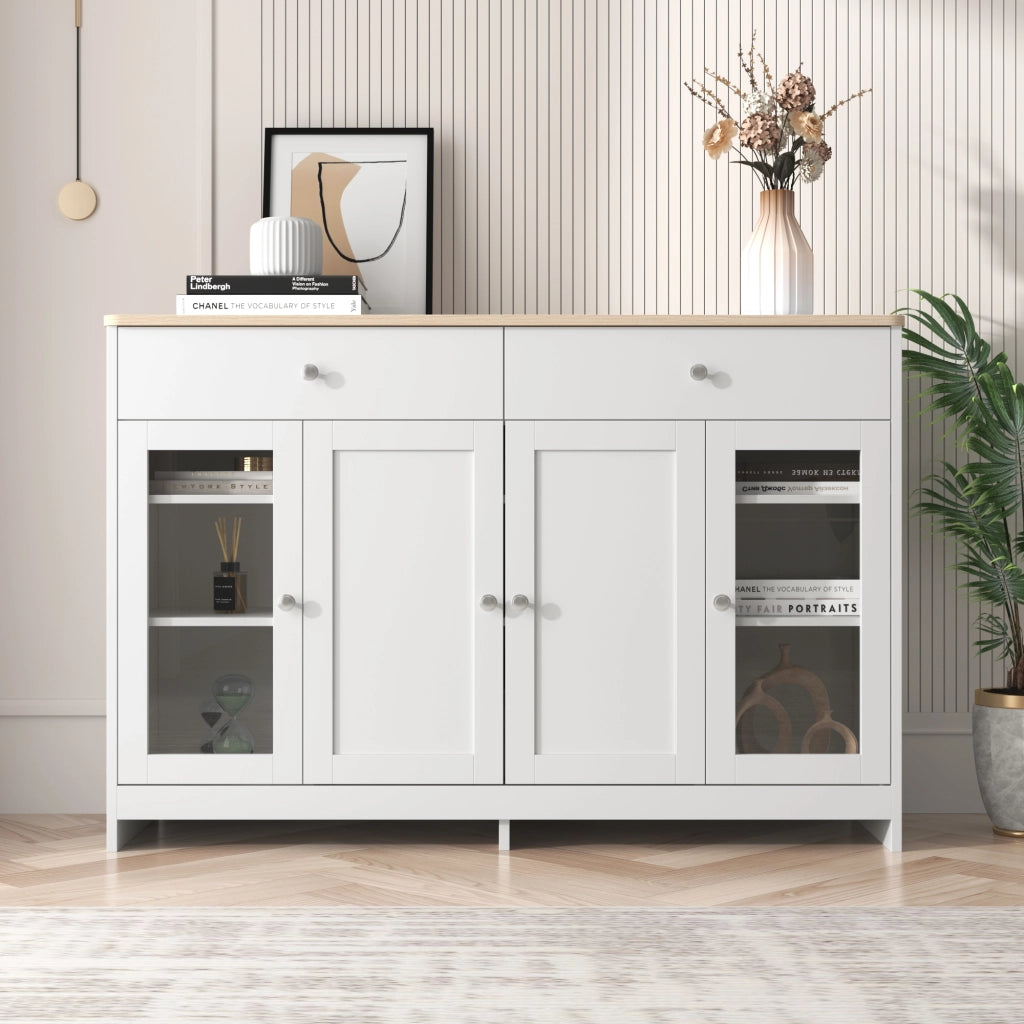 Credenza e Madia con 4 Ante di cui 1 in Vetro; 2 Cassetti e Ripiani Regolabili; Stile Country; in MDF; 120??37??80 cm; Bianco