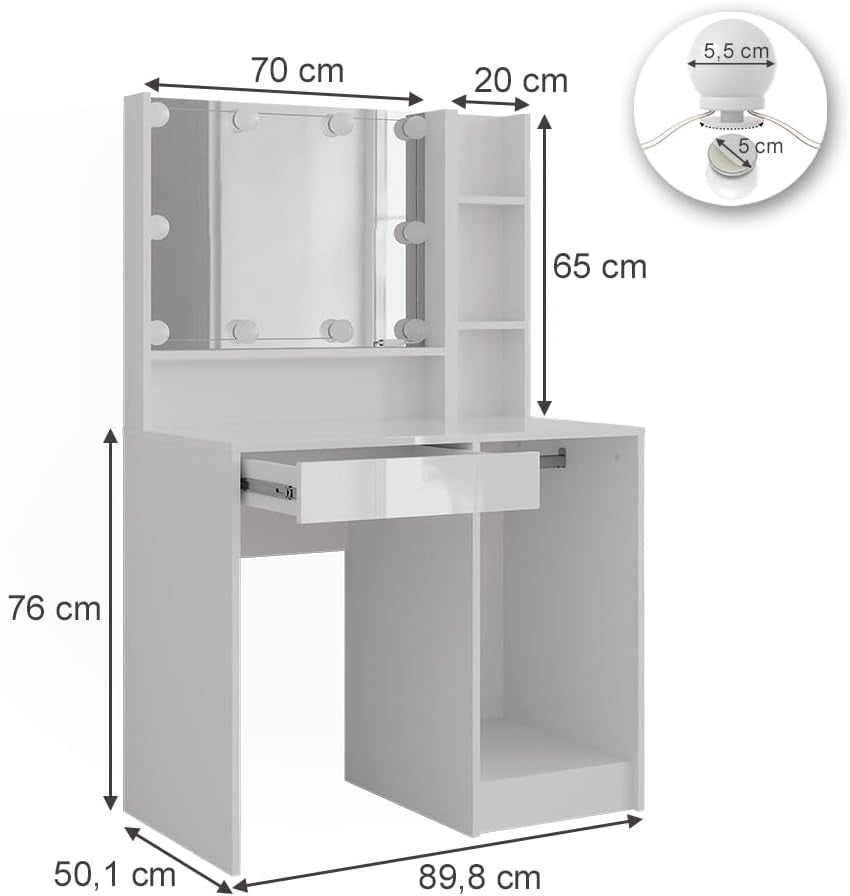 Tavolo da toeletta Sherry, Bianco/bianco lucido, 89.8 cm 4 parti, con illuminazione LED e specchio integrato fisso