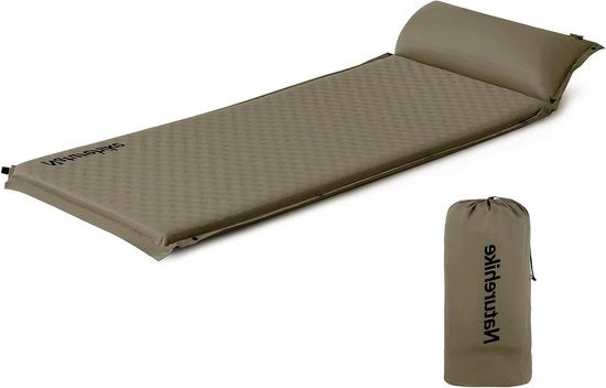 Slaapmat autoinflante leggera con cuscino 3 cm alto verde oliva