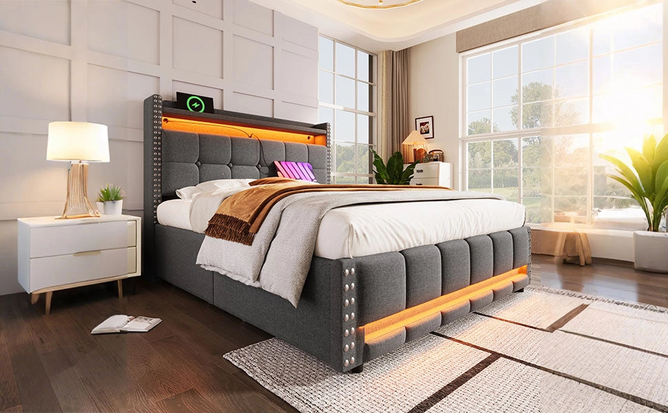 DESMIU Letto imbottito 160 × 200 cm 2 posti con LED, USB, mensole, vano contenitore, senza materasso, grigio