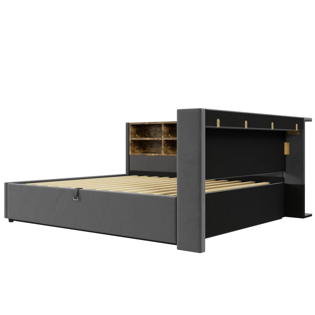 DESMIU Letto contenitore 140 × 200 cm 2 posti con luce LED, USB e Type-C, ripiani e vano idraulico, senza materasso, grigio