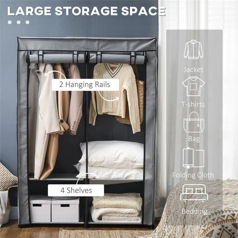 ARMADIO GUARDAROBA PORTATILE IN TESSUTO CON 4 RIPIANI APERTI E 2 APPENDINI 118X49X170 CM GRIGIO
