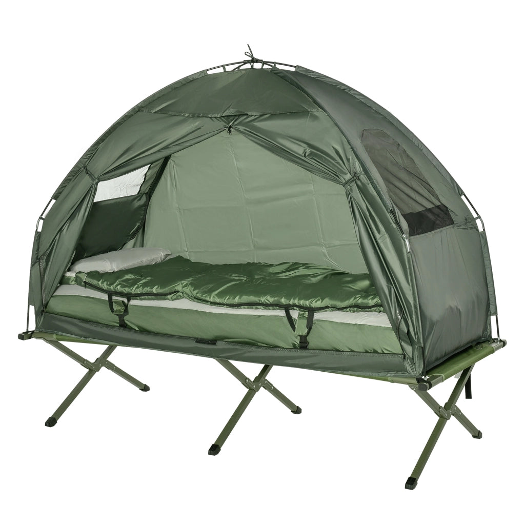 Set da campeggio 4 in 1 con tenda; sacco a pelo; materasso pieghevole verde scuro per avventure all'aperto