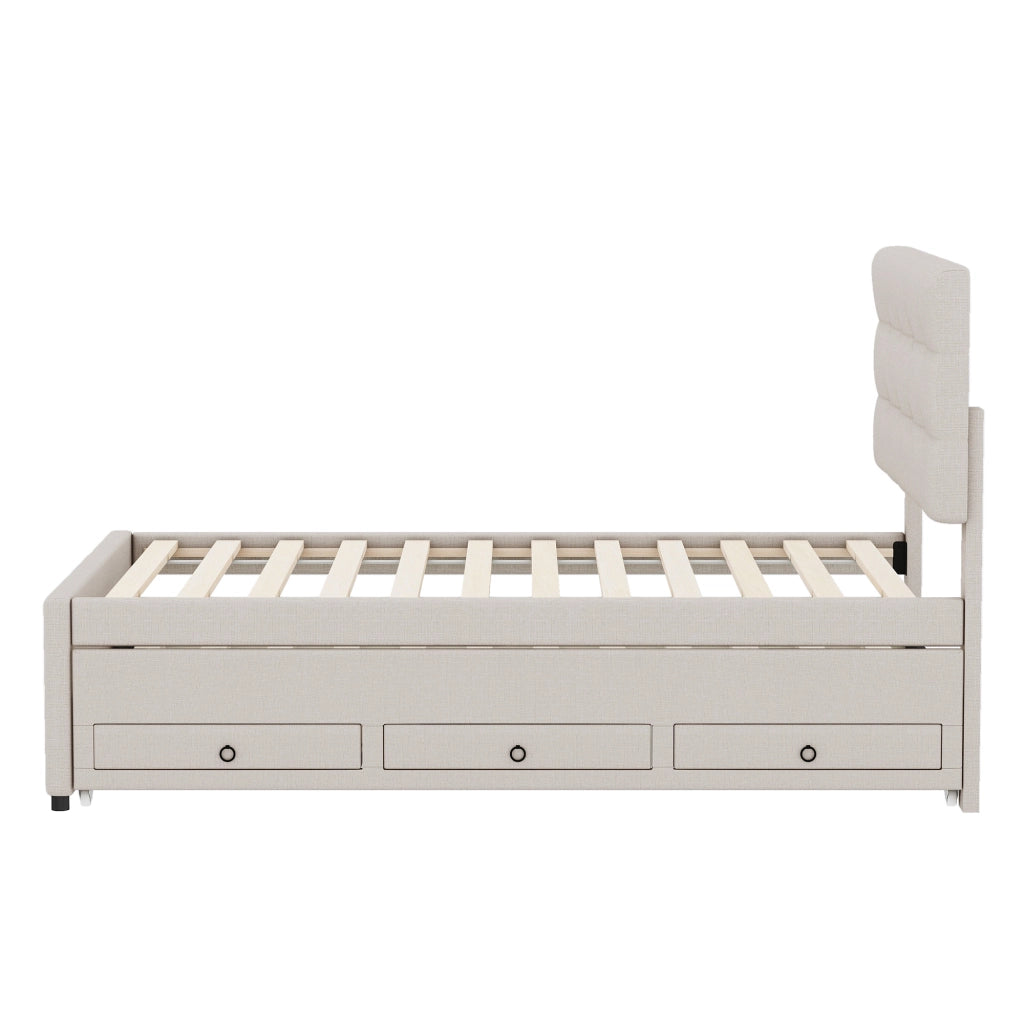 OKWISH Letto con Cassetti 90×200 cm, Letto Singolo con Letto estraibile, 3 Cassetti e Testiera Regolabile, senza Materasso, Beige