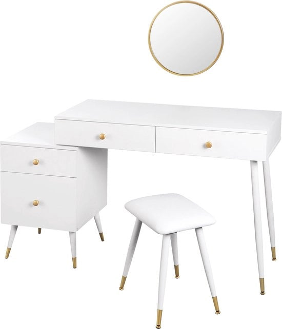 Toiletta con Specchio, Tavolo di Trucco, Scrivania - 100x40x75.5 cm - MDF e Metallo - Bianco con Oro