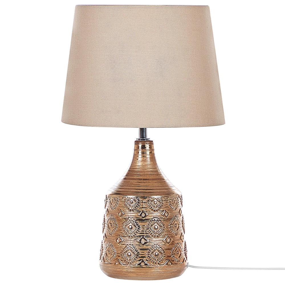 Lampada da tavolo in ceramica marrone dorato motivo geometrico beige paralume impero comodino soggiorno camera da letto illuminazione