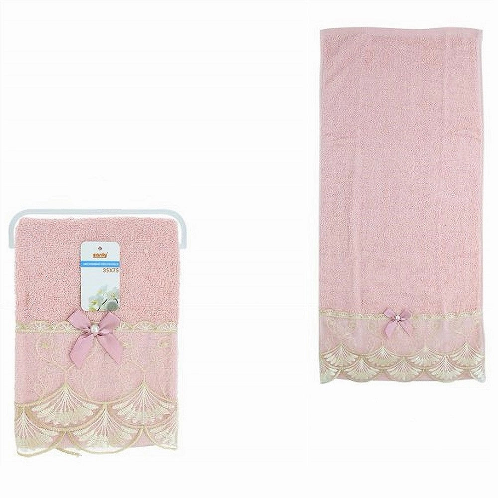 Trade Shop - Asciugamano Bagno Viso Piccolo Cotone Morbido Decorato 35 X 75cm 95gr Rosa 79505 -