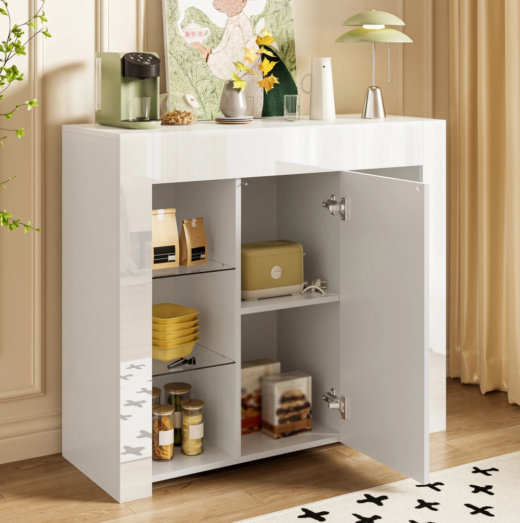 Credenza moderna bianca con frontale lucido e ripiani in vetro; 95x35x83 cm; truciolare
