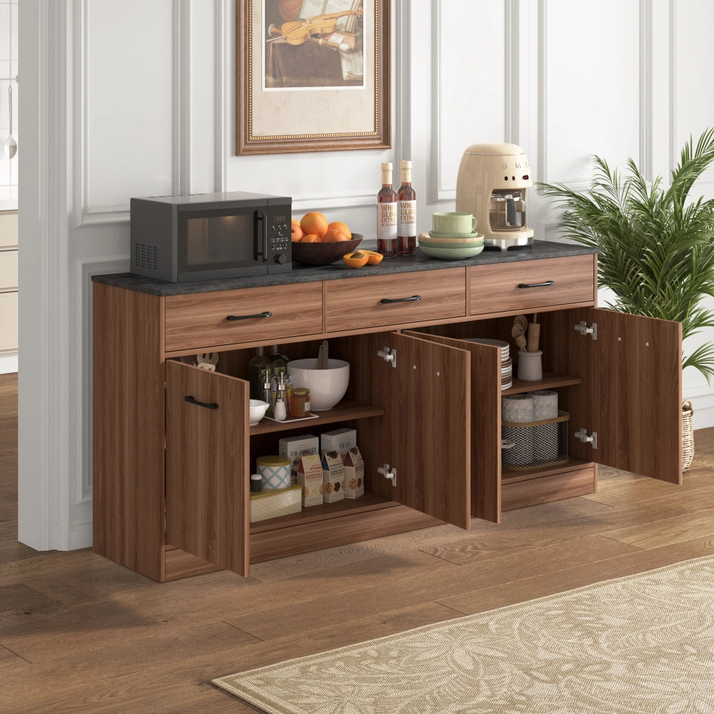 Credenza e madia da cucina con 3 cassetti e ripiani regolabili in MDF finitura noce con piano effetto cemento