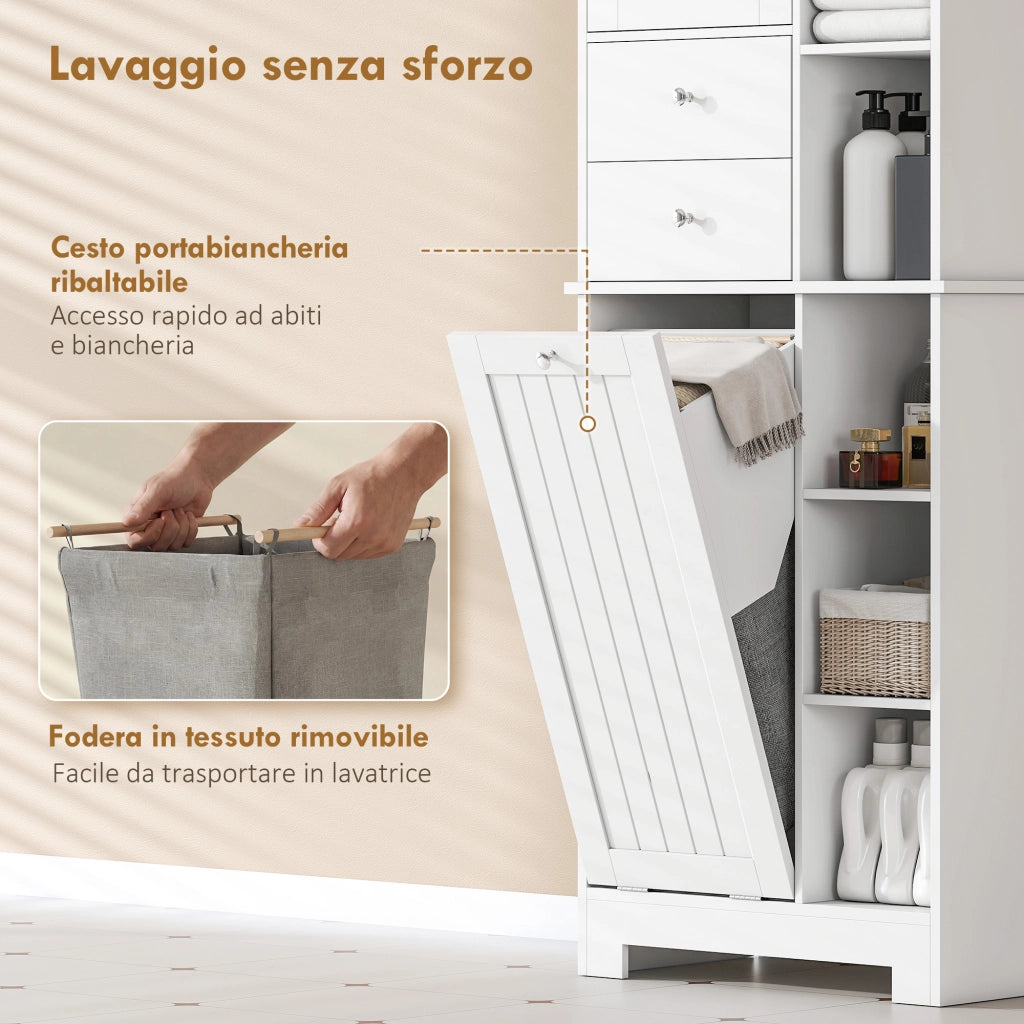 Armadietto da Bagno 60x28,8 x 171 cm conCesto Biancheria Inclinabile in MDF e Tessuto Bianco