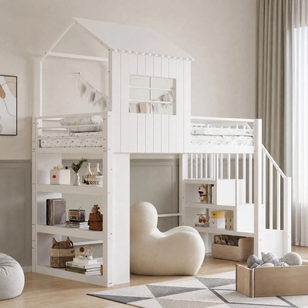 Letto a soppalco multifunzione 90x200 cm con scala contenitore; ripiani integrati; bianco