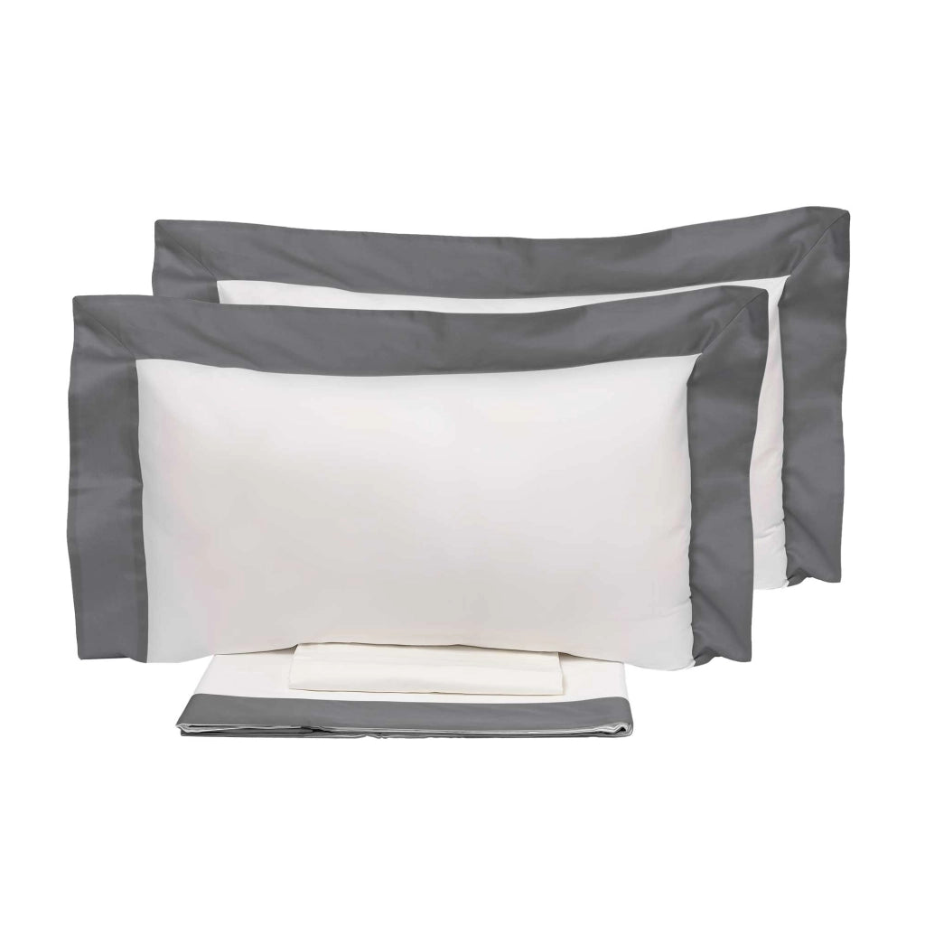 Set Lenzuola Sopra Sotto e Federe Bordi in Raso Garrini Eveline Avorio/Grigio Varie Misure