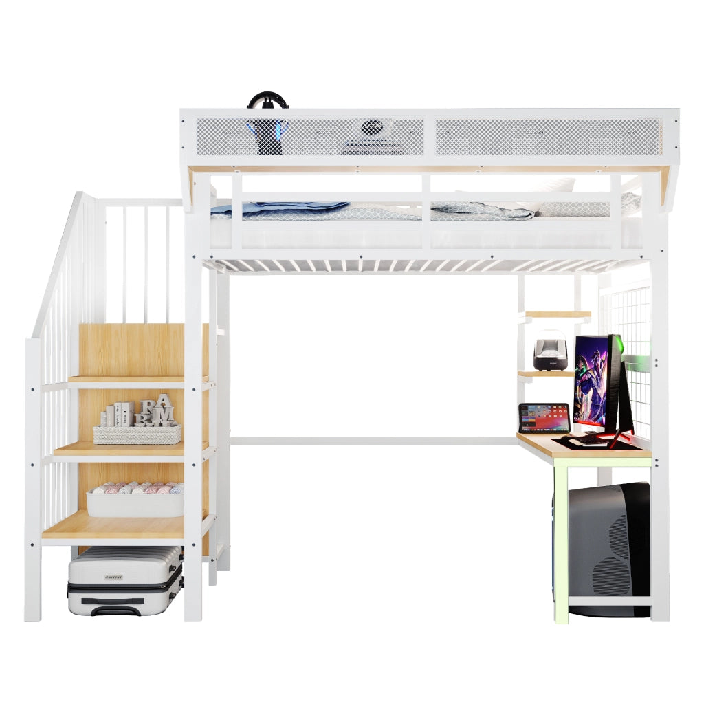 Letto a Soppalco con Scrivania, Scaletta di Sicurezza e LED ¨C MINIMAL ¨C Metallo Bianco 90x200