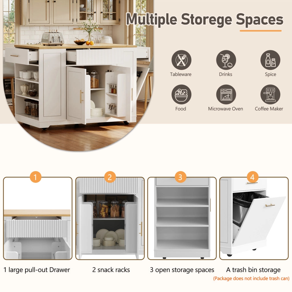 OKWISH Carrello da Cucina con 2 Ante, 3 Cassetti, Vano per Rifiuti e 5 Ruote, per Cucina, 120 × 50 × 92 cm