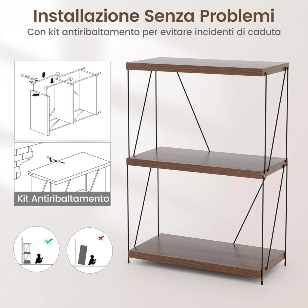 Scaffale Multiuso a 2/3/4/5 Ripiani, Libreria Autoportante con Struttura in Metallo, Stile Industriale, per Camera da Letto, Soggiorno Ufficio Studio (3 Livelli 61x29,5x85,5cm)