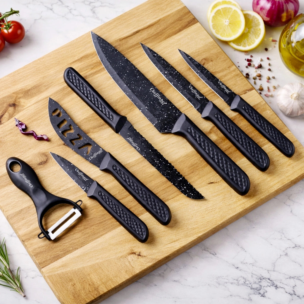 Set di 6 Coltelli con Pelapatate e Coltello per Pizza Antiaderente Nero Cheffinger