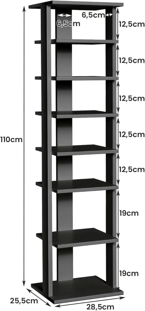 Scarpiera a 7 Ripiani, Scaffale Portascarpe in Legno con 2 Ripiani di Diverse Altezze, Scaffale Portaoggetti Multifunzione per Ingresso Soggiorno Camera da Letto, 28,5x25,5x110 cm (Nero)