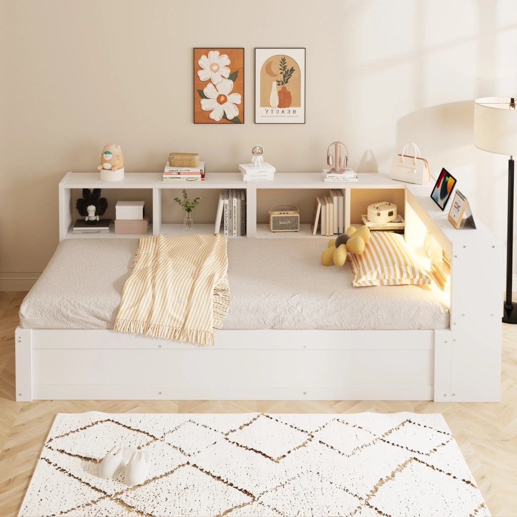 Letto singolo 90×200 cm con presa multifunzione; LED; contenitori e sollevamento idraulico; senza materasso; MDF; bianco