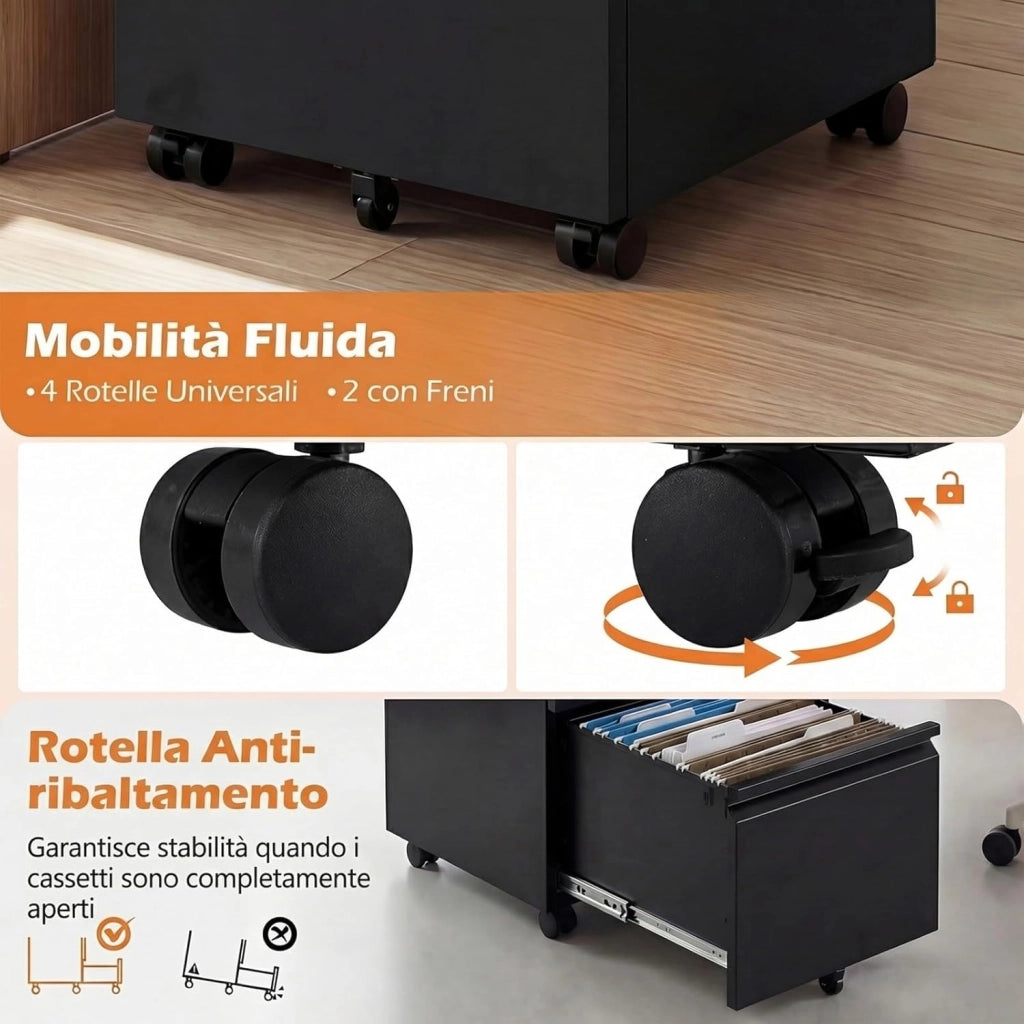 Cassettiera da Ufficio a 2 Cassetti, Mobiletto per Documenti con 5 Ruote e Serratura, Schedario da Ufficio in Acciaio per File Formato A4, Letter e Legal, 37 x 44 x 67 cm