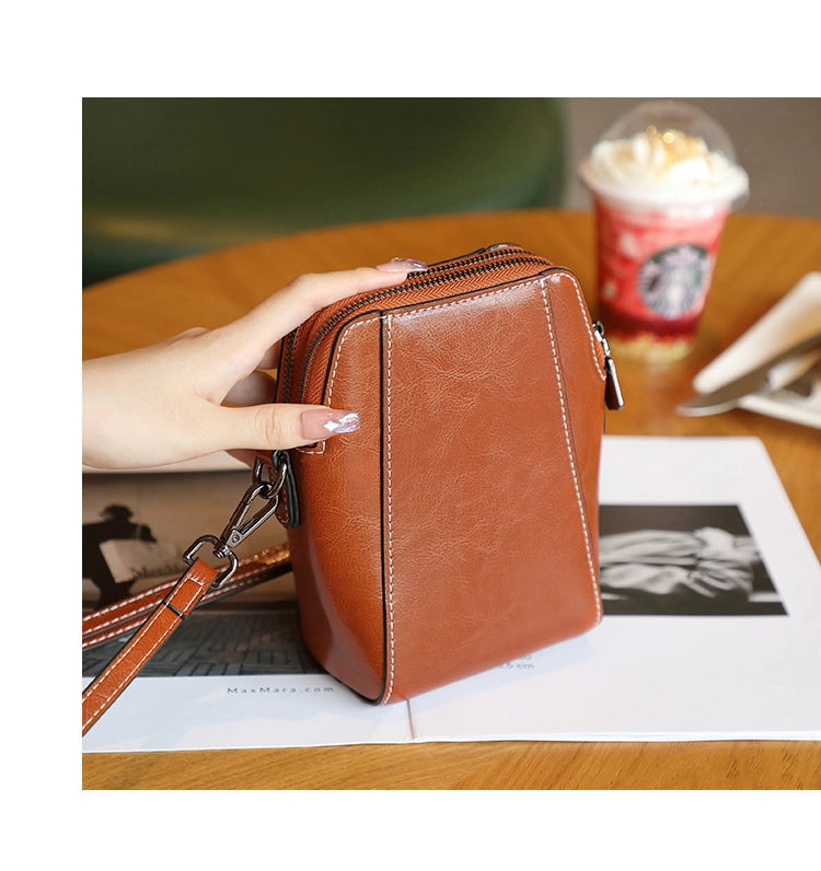 Borsa a tracolla da donna in vera pelle, mini borsa marrone