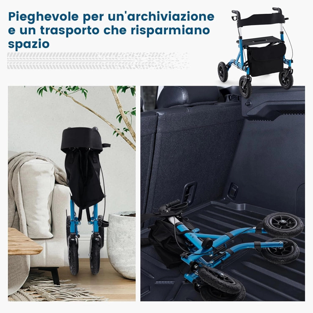 Deambulatore con Seduta 2 in 1, Rollator Pieghevole per Anziani con 4 Ruote, Maniglie Regolabili in Altezza 81-94cm, Portaombrelloni e Borsa Portaoggetti, Carico Massimo 160 kg (Blu)