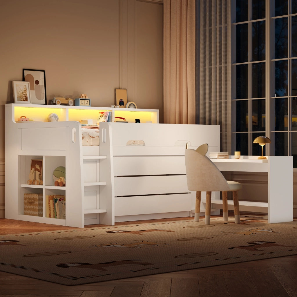 LETTO A SOPPALCO BASSO 90x200 cm bianco con scrivania mobile e 3 cassetti