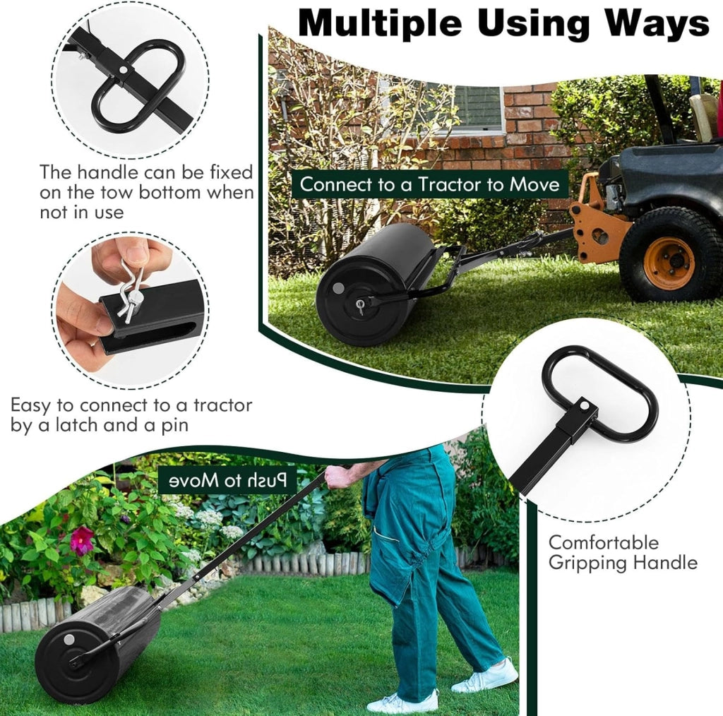 Rullo da Giardino Ø40 cm e 90 di Larghezza, Rullo da Prato in Metallo Manuale e per Trattorino, Rullo con Raschiatore Antisporco e Riempibile con Acqua/Sabbia (Nero, 113L)