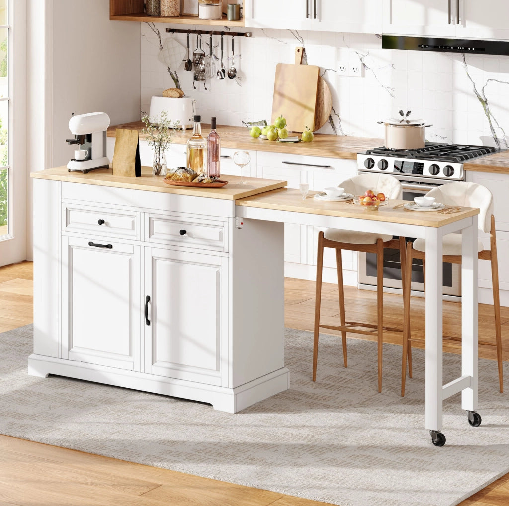 isola da cucina con ruote bianca e legno, piano laterale estensibile, contenitori