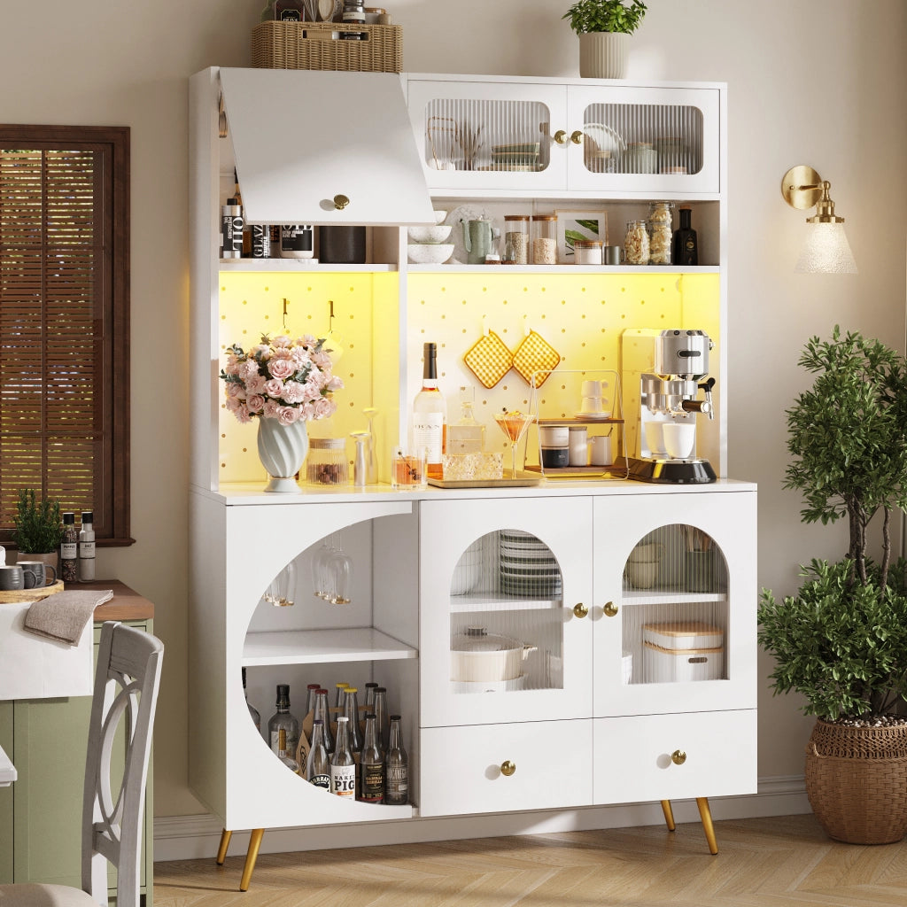 Credenza con LED, USB e Prese ¨C Xylo ¨C Bianco, Ripiani in Vetro, Cassetto, Pannello Forato