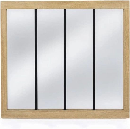 Specchio in vetro, officina, 4 strisce, cornice in legno, design industriale, 110 x 70 cm