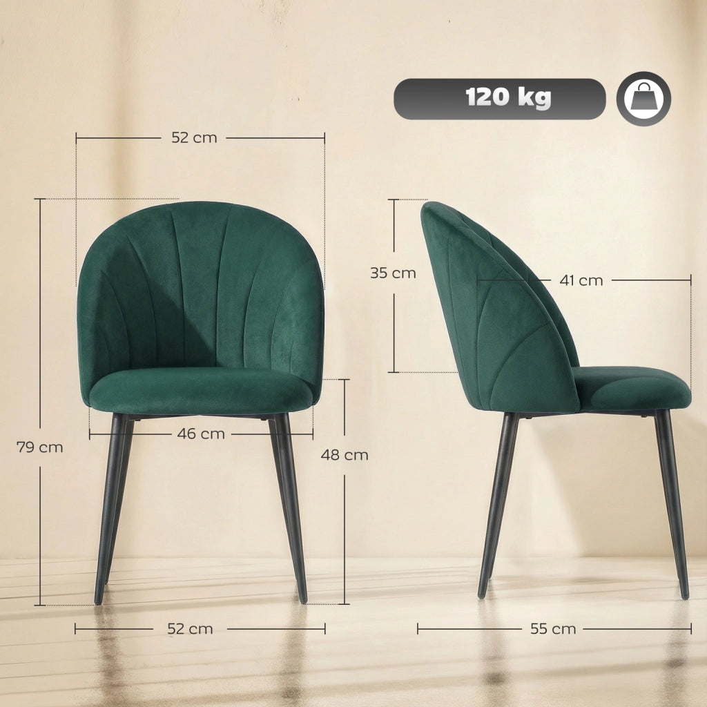 Set 2 Sedie da Pranzo Imbottite con Schienale a Conchiglia in Velluto, 52x55x79 cm, Verde Scuro