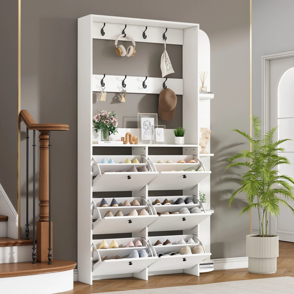 Garderoba da ingresso salvaspazio 120 x 24 x 200 cm con 8 ganci, 6 scarpiere a ribalta e 4 ripiani laterali, bianco