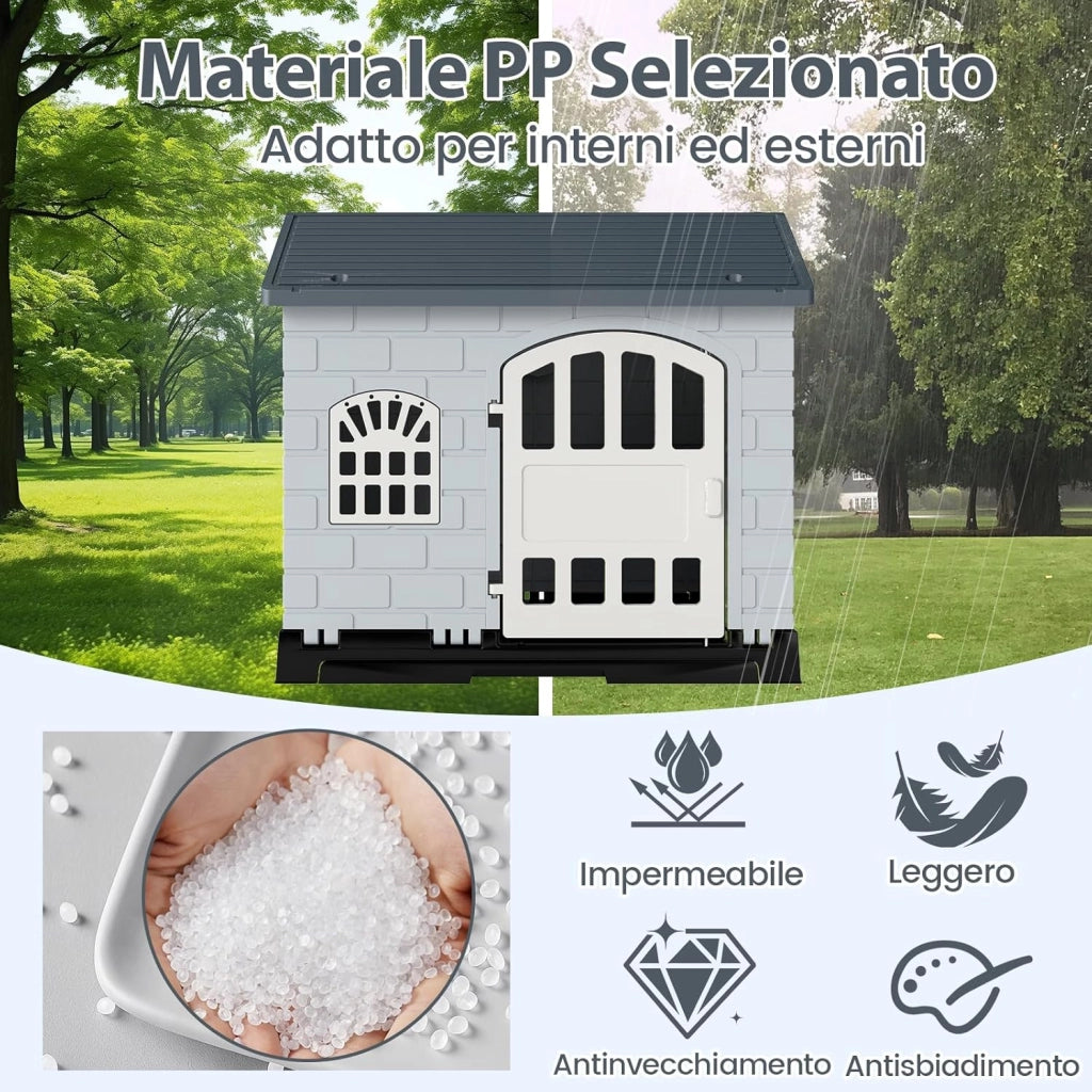 Cuccia per Cani da Esterno ed Interno, Casetta Impermeabile e Ventilata con Vassoio Toilette Rimovibile, Porta Bloccabile, 3 Finestre e Tetto a Pendenza, per Cani di Piccoli e Gatti (Grigio)