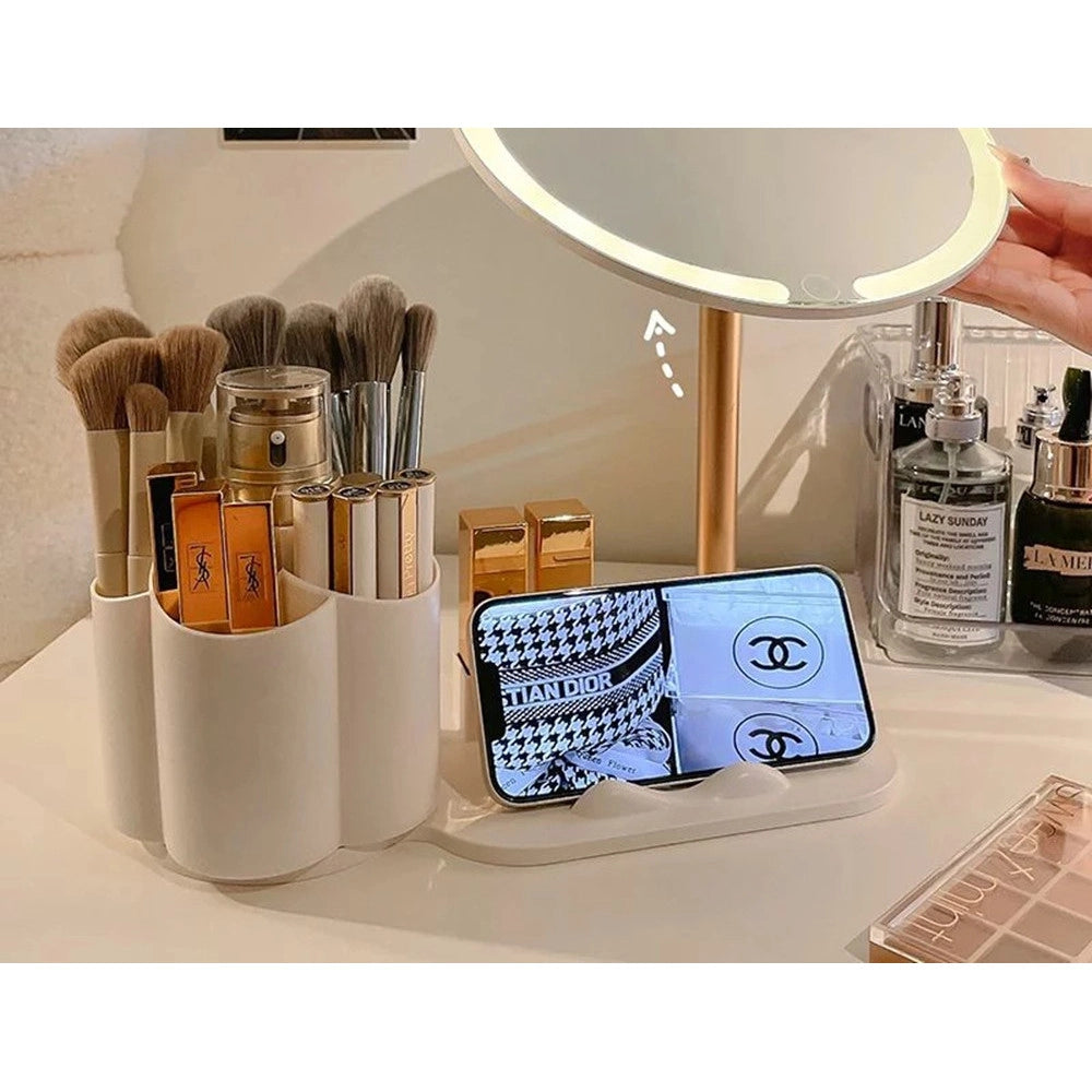 Trade Shop - Specchio Trucco Da Tavolo Con Luce Led Contenitore Portaoggetti Girevole Portacellulare -