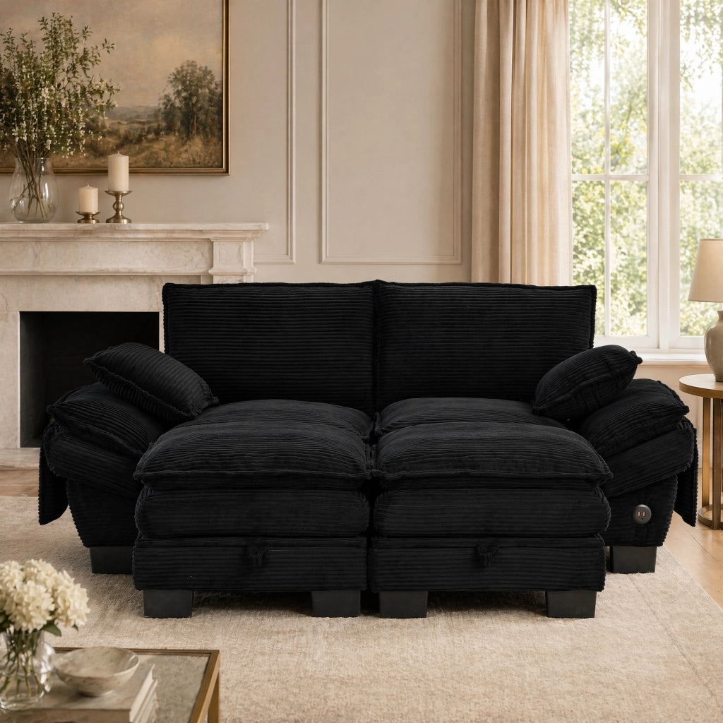 Divano modulare 2 posti in corduroy nero con 2 pouf; USB-C e tasche laterali 190x132x84 cm