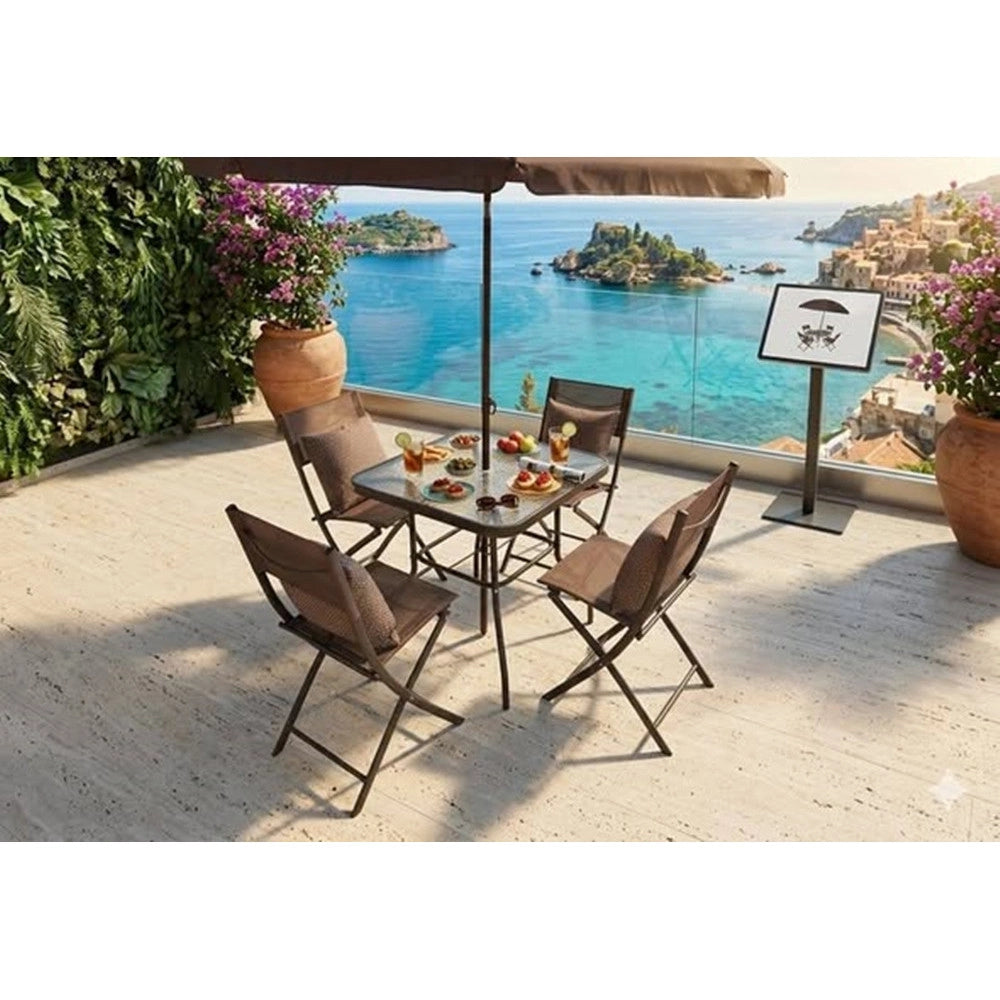 Trade Shop - Set Giardino Sharm Tavolo Con Ripiano Vetro 70x70cm 4 Sedie Pieghevoli Ombrellone Parasole - Marrone