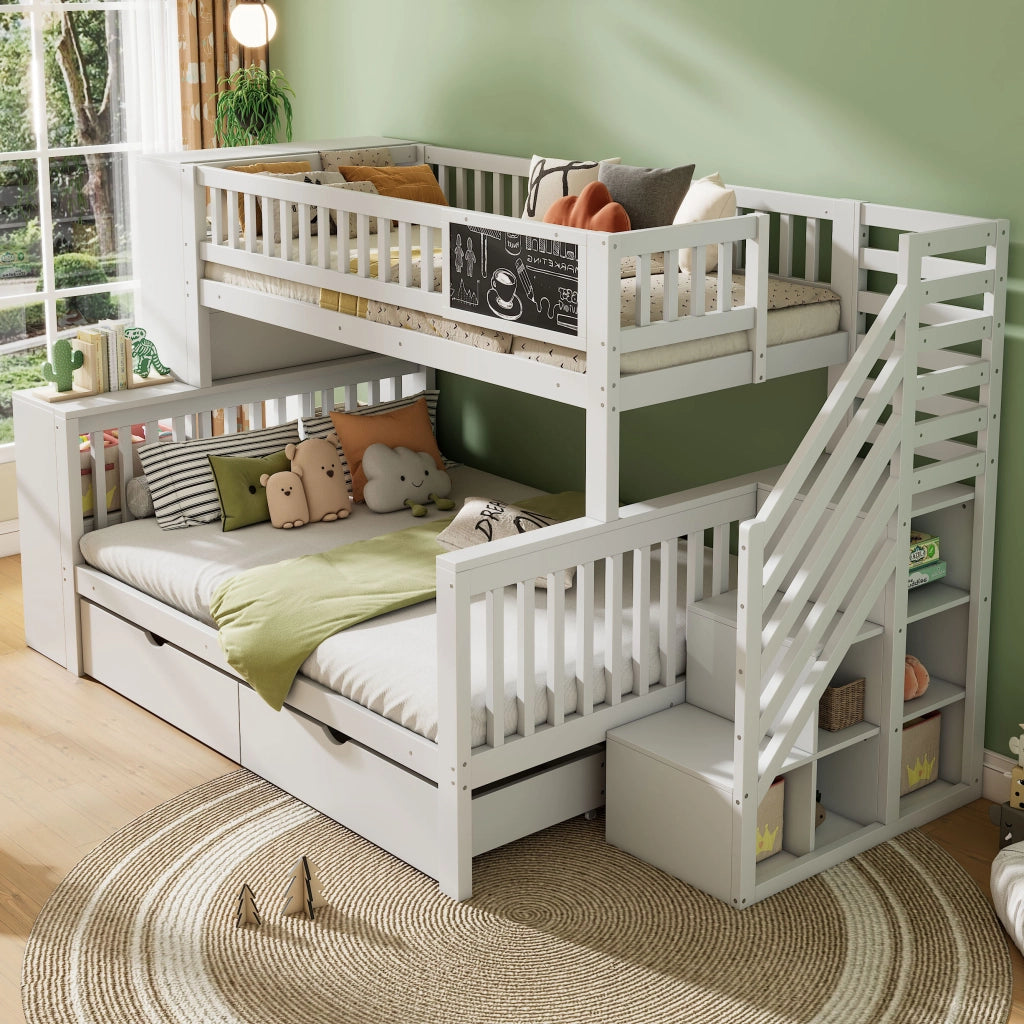OKWISH Letto a Castello 140×200 cm e 90×200 cm, Letto 3 Posti con Scala Contenitore, Armadi e Lavagna, senza Materasso, Bianco