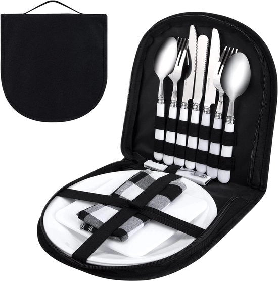 Set da pranzo da picnic da 2 persone con forchetta-cucchiaio-piatto in acciaio inossidabile portatile in 13 pezzi