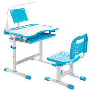 Set scrivania e sedia per bambini con altezza regolabile, Scrivania e sedia con leggio per libri e luce LED Blu