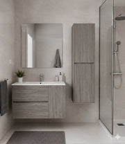 Mobile Bagno HEIMDALL Già Montato 2 cassetti e porta, lavabo e specchio Rovere affumicato 60x35 cm con colonna