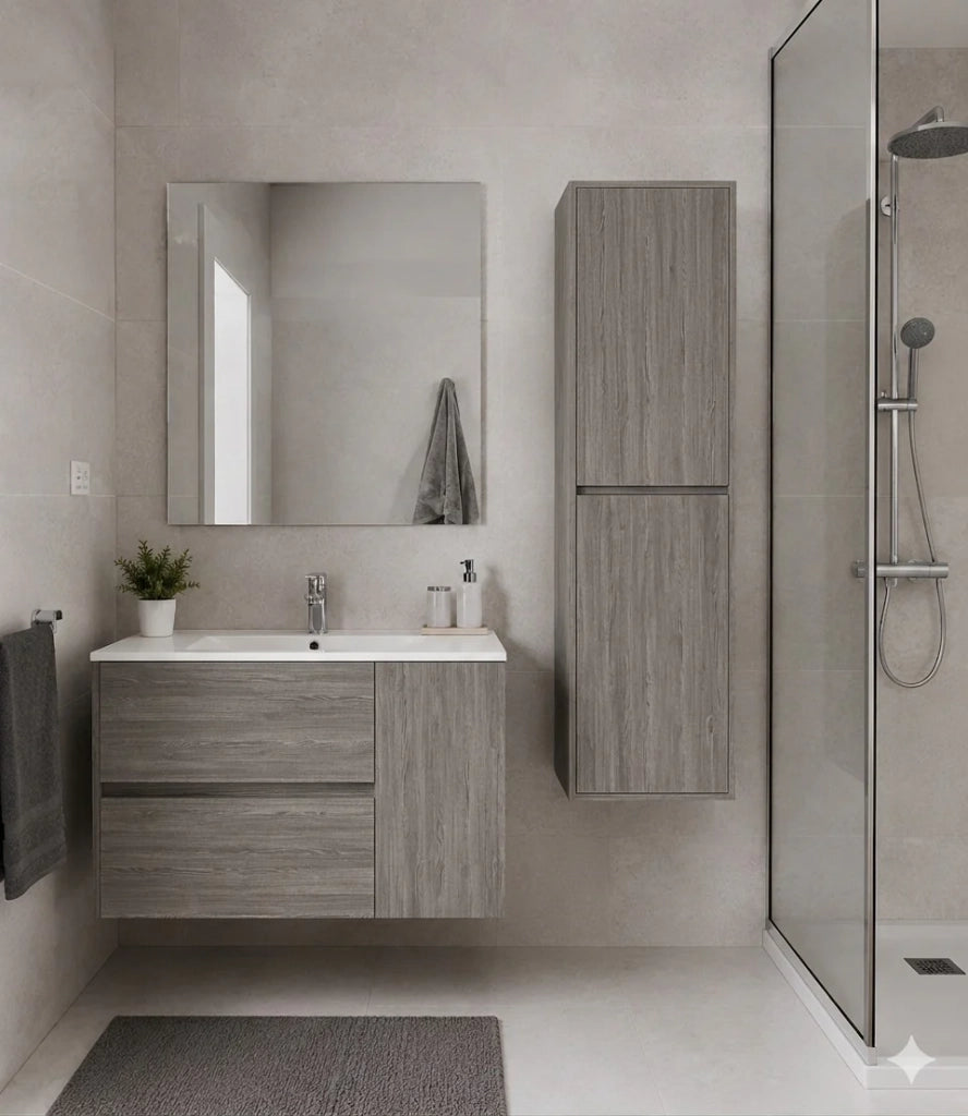 Mobile Bagno HEIMDALL Già Montato 2 cassetti e porta, lavabo e specchio Rovere affumicato 60x35 cm con colonna