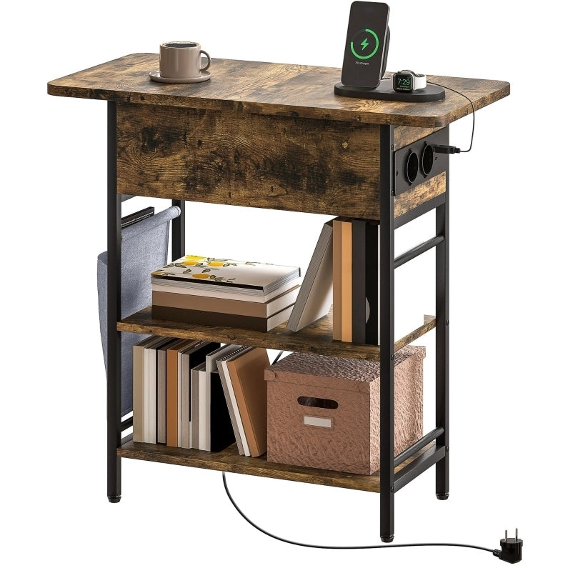Comodino con prese elettriche, USB e vani contenitore, 60 x 29,8 x 58,5 cm