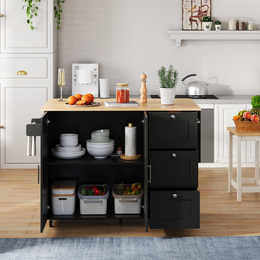 Carrello cucina mobile pieghevole con piano effetto rovere, 3 cassetti, armadio a 2 ante, ruote frenanti
