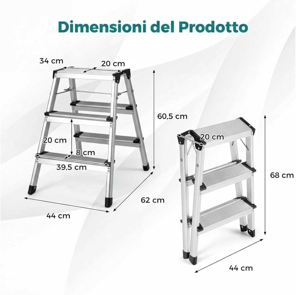 Scaletta Pieghevole in Alluminio, Scala a 3 Gradini Doppia con Pedane Larghe e Piedini Antiscivolo, Struttura Leggera, Portata 150 kg, per Casa, Ufficio e Garage