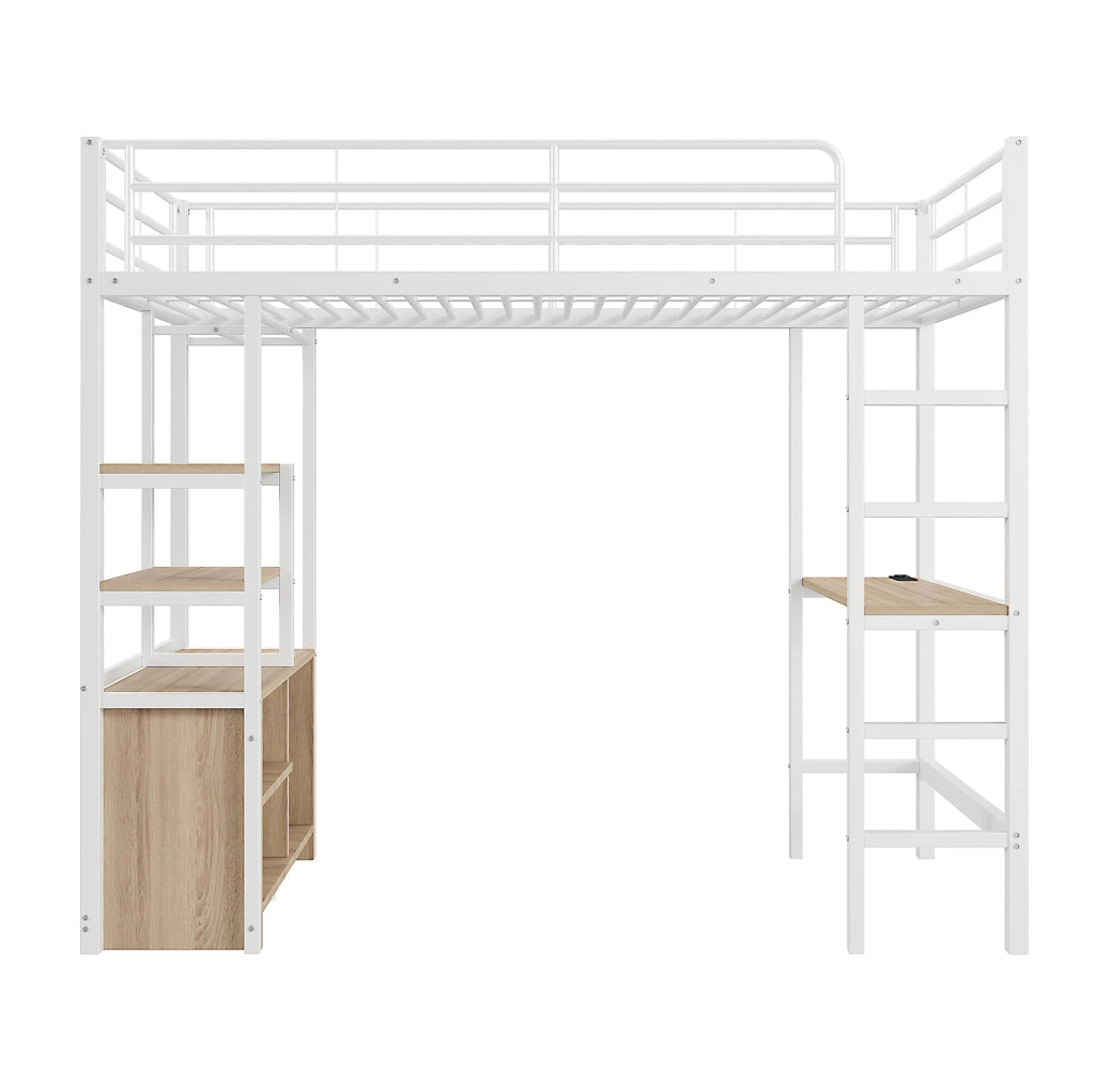 Letto a castello 90x200 cm con scrivania e ripiani; metallo bianco (Senza materasso)