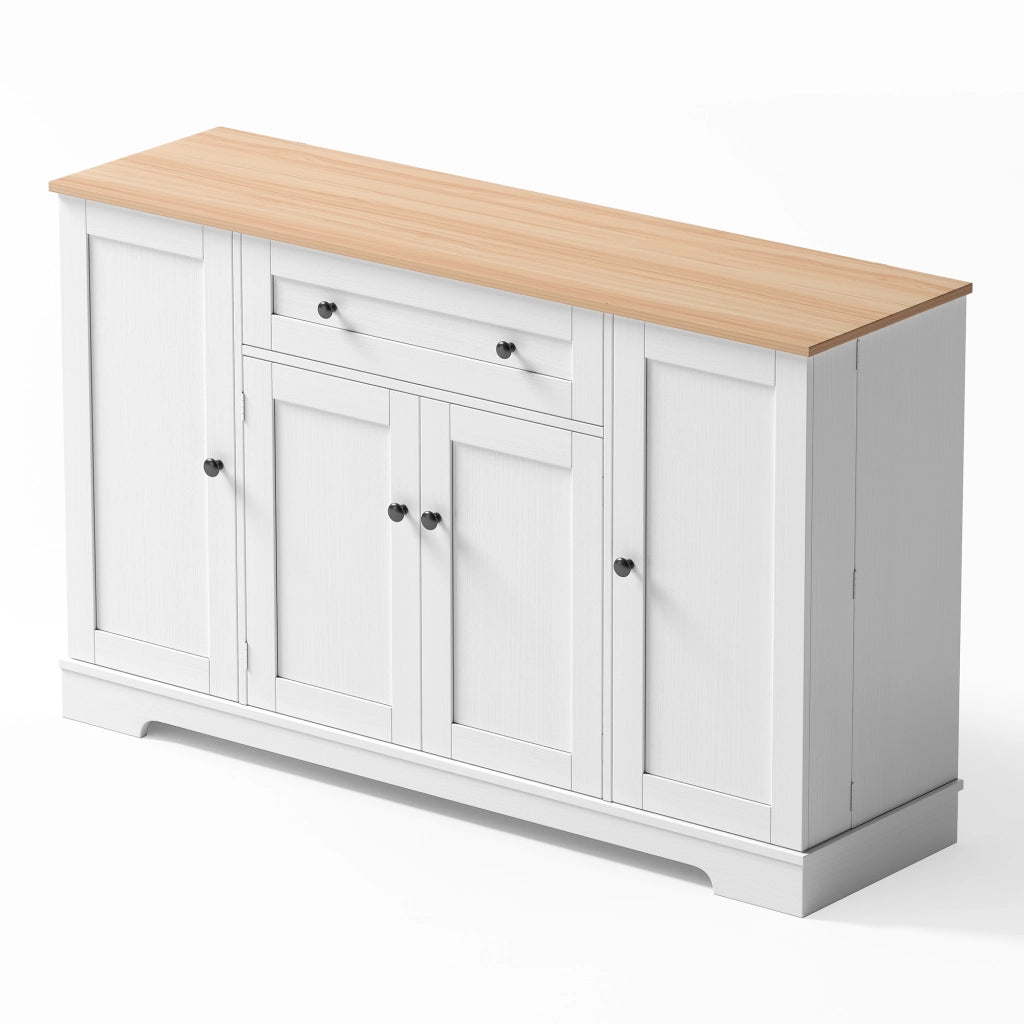 Credenza 138x40x85 cm Bianca e Legno Naturale con Cassetto; Armadietti; Ripiani Regolabili e Portaoggetti