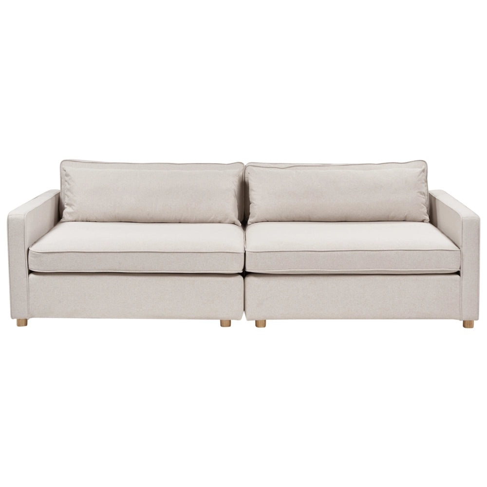Divano in tessuto beige 3 posti con braccioli e gambe in legno stile moderno