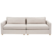 Divano in tessuto beige 3 posti con braccioli e gambe in legno stile moderno