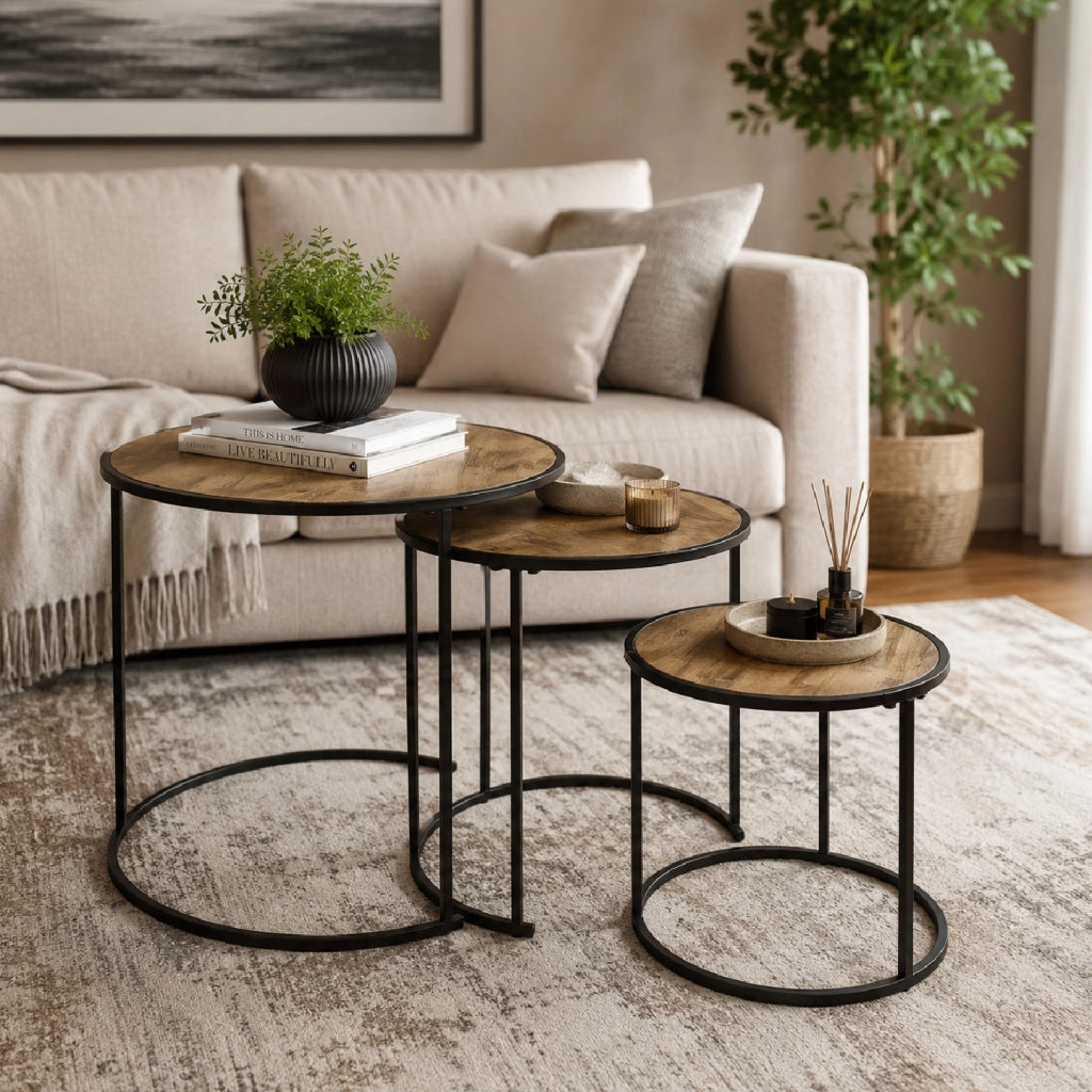 Set 3 Tavolini da Salotto Rotondi Impilabili, Tavolini Bassi Salvaspazio con Piano Effetto Legno Marrone e Struttura in Metallo Nero, Design Moderno Industriale