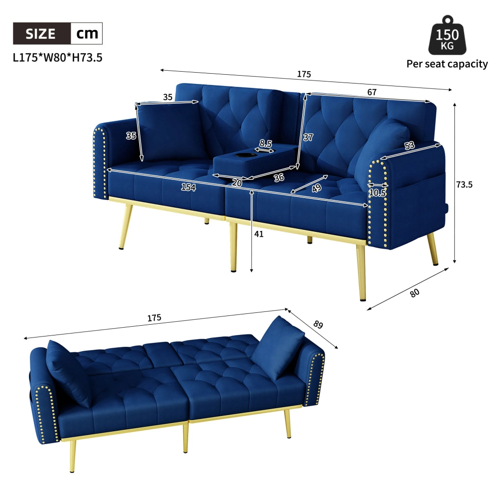 DIVANO LETTO 175x80x73,5 cm in velluto blu, 2 posti, schienale reclinabile